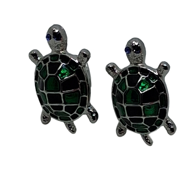 Enamel Sea Turtle Cufflinks - Green Shell & Blue Crystal Eyes - Novelty Gift - Picture 2 of 5